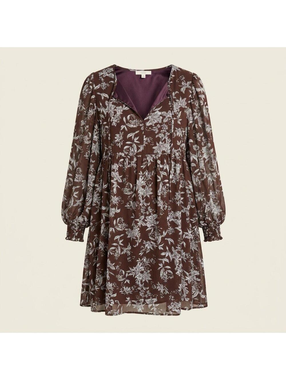 Jade by Jane Brown Floral Chiffon Lined V-Neck Dress Long Sleeve M Casual Flowy